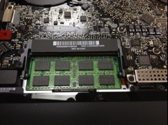 Close up on Memory modules with one removed.